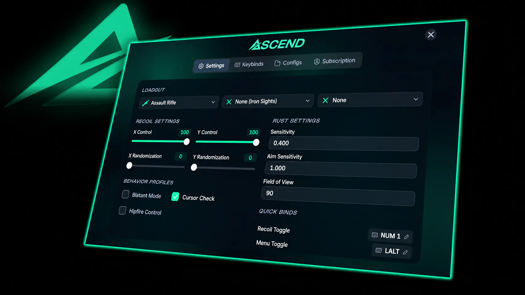 The Ascend Scripts menu on its Settings tab: an assault rifle loadout, X and Y recoil control and randomization sliders, Rust sensitivity and field of view, and quick binds for the recoil and menu toggles.