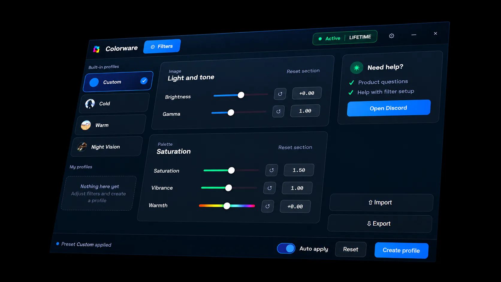 The Ascend ColorWare window: built-in profiles on the left, brightness, gamma, saturation, vibrance and warmth sliders in the middle, and buttons to import, export and create profiles on the right.