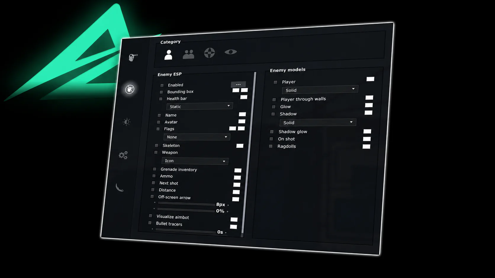 The Ascend CS2 menu: enemy ESP options such as bounding box, health bar, skeleton and weapon on the left, and enemy model options such as glow and shadow on the right.